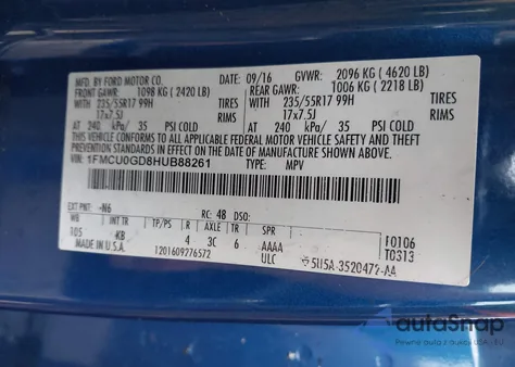 2017 Ford Escape Se from USA, damaged, VIN 1FMCU0GD8HUB88261